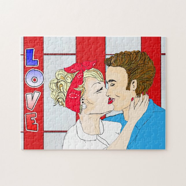 Pop Art Retro Couple Kissing Romantische Nostalgie Puzzle (Horizontal)