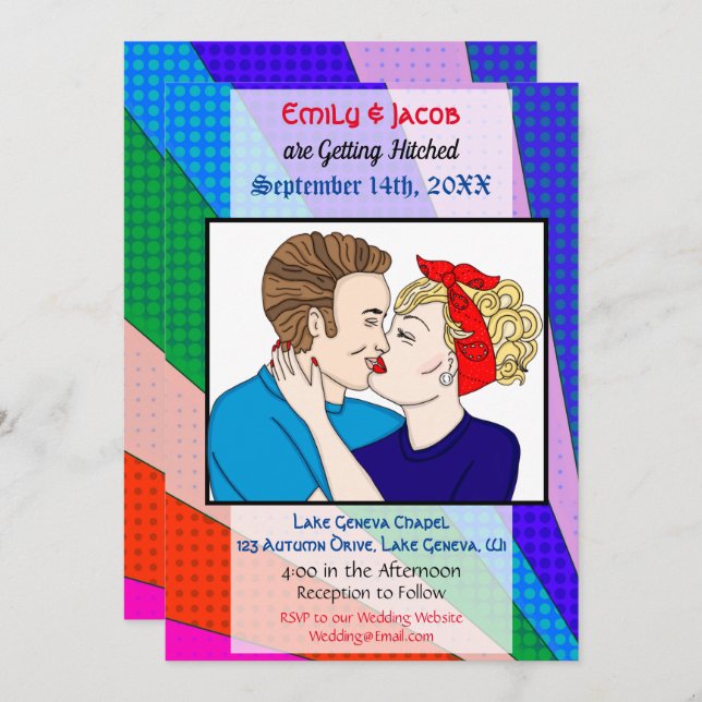 Pop Art Retro Couple Wedding Einladung (Vorne/Hinten)