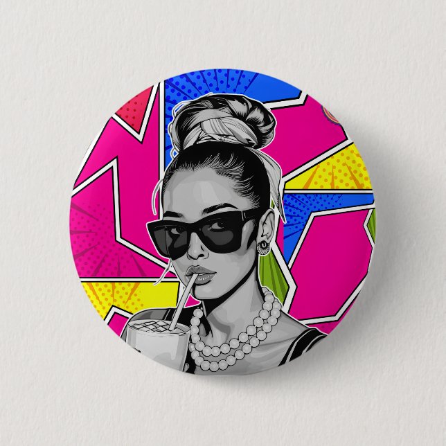 Pop Art Retrô Mulher Fashion Preto e Branco  Button (Vorderseite)