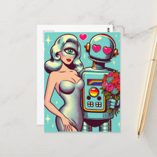 Pop Art Robot and Alien Woman in Liebe Postkarte