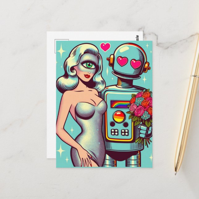 Pop Art Robot and Alien Woman in Liebe Postkarte (Vorderseite/Rückseite Beispiel)