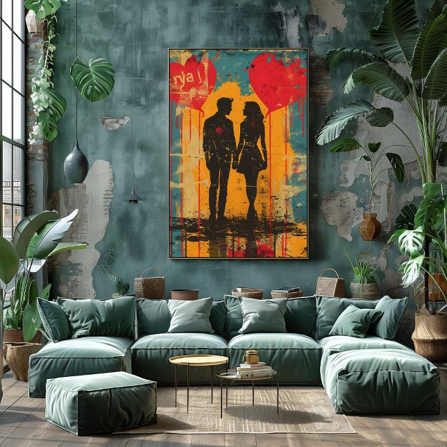 Pop Art Romántico: Pareja con Globos de Corazón Fotodruck (Von Creator hochgeladen)