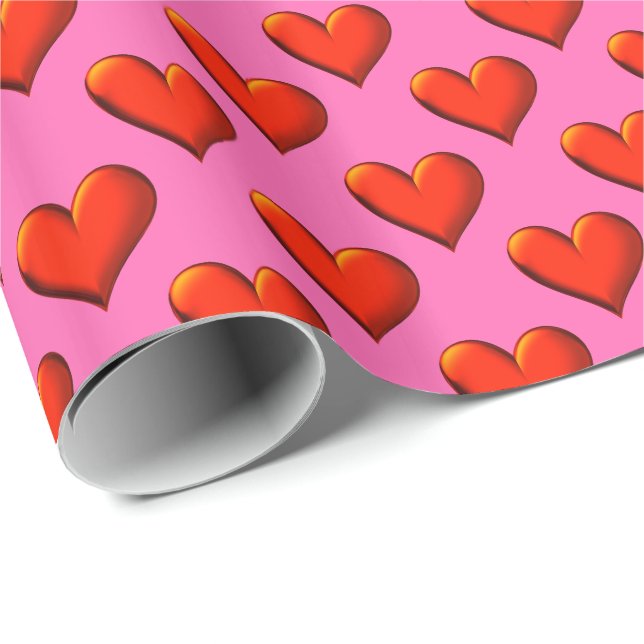 Pop Art: Rotes 3D Metallic Look Shaded Hearts Red  Geschenkpapier (Rolleneckpunkt)