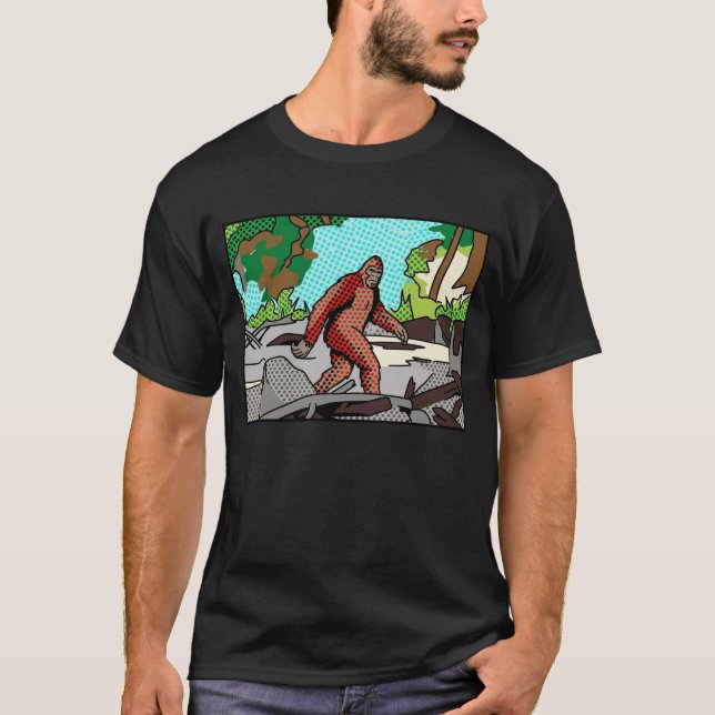 Pop Art Sasquatch Wald Comic Panel Grafik T-Shirt (Vorderseite)