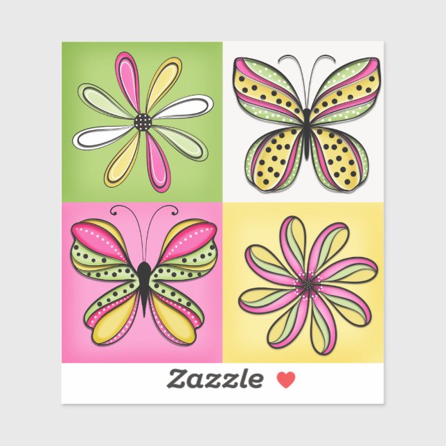 Pop-Art-Schmetterlinge und Blumen Aufkleber (Blatt)