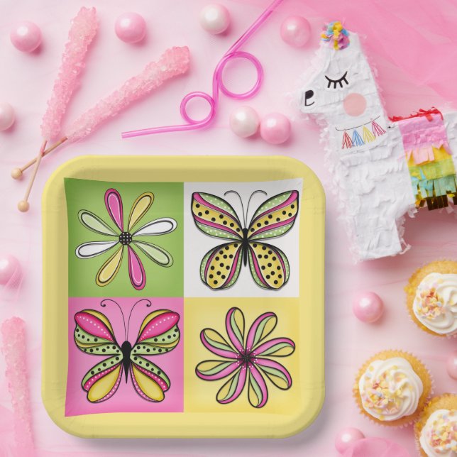Pop-Art-Schmetterlinge und Blumen Pappteller (Party)