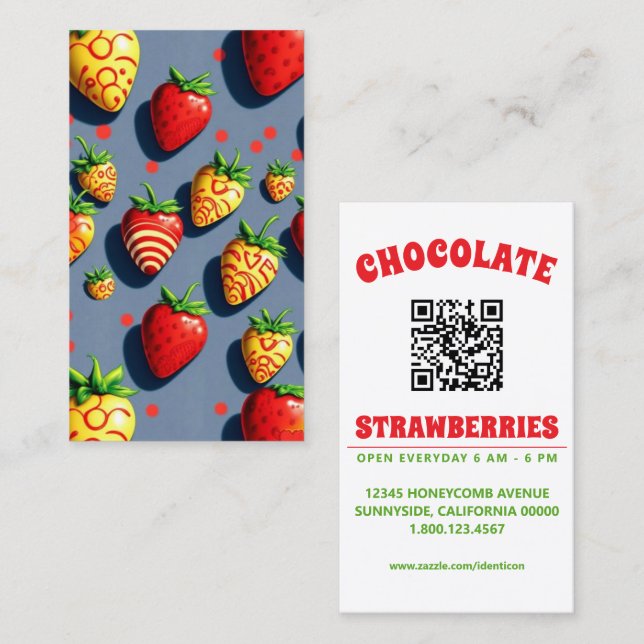 Pop-Art-Schokoladen-Erdbeeren mit QR-Code Visitenkarte (Vorne/Hinten)
