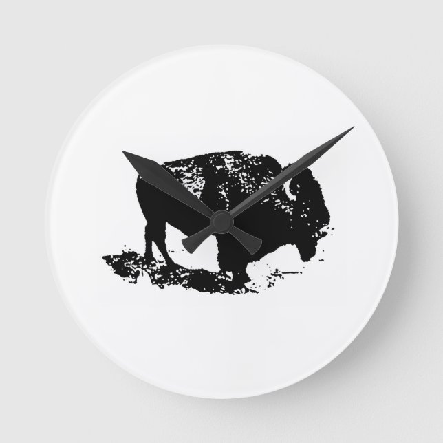 Pop Art Schwarz-weiß Buffalo Bison Silhouette Runde Wanduhr (Vorderseite)