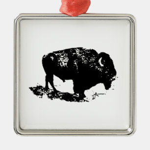 Pop Art Schwarz-weiß Buffalo Bison Silhouette Silbernes Ornament