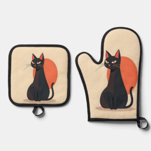 Pop-Art-Schwarze Katze mit orangener Sonne Ofenhandschuh & Topflappen-Set