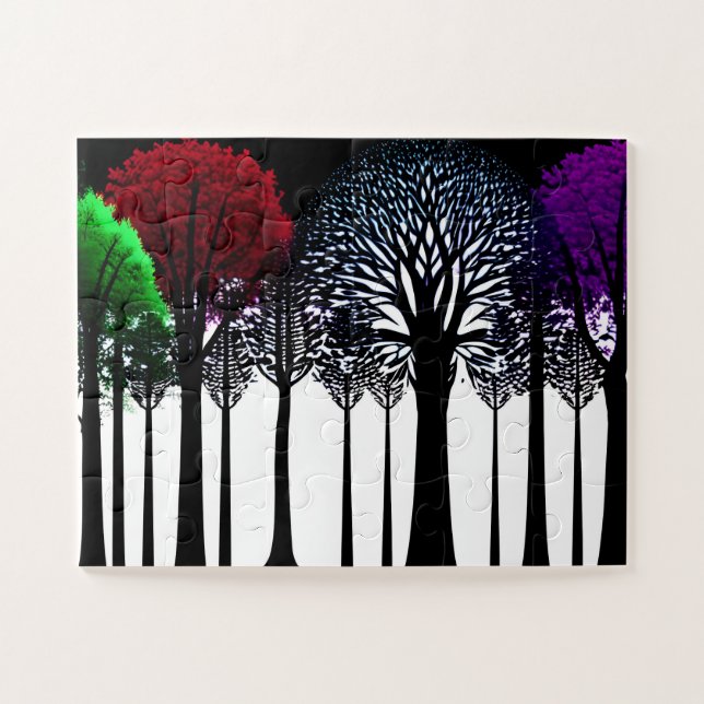 Pop Art Schwarzer Silhouette Wald für Kinder Puzzle (Horizontal)