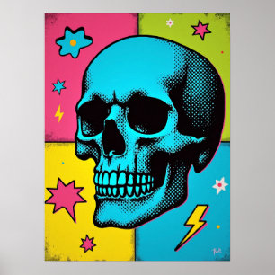 Pop Art Skull mit Neon Halftone Dots Poster