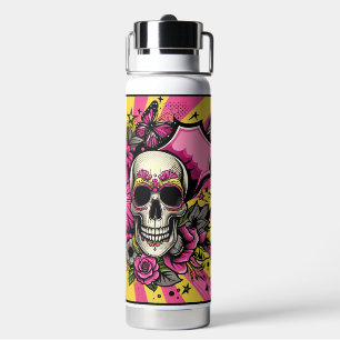 Pop Art Skulls Schmetterlinge und Blume Trinkflasche