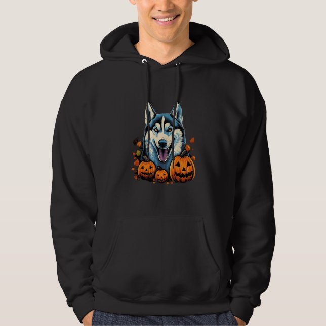 Pop Art Smilling Husky Hund mit Pumpkins Halloween Hoodie (Vorderseite)