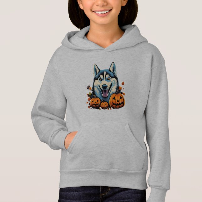 Pop Art Smilling Husky Hund mit Pumpkins Halloween Hoodie (Vorderseite)