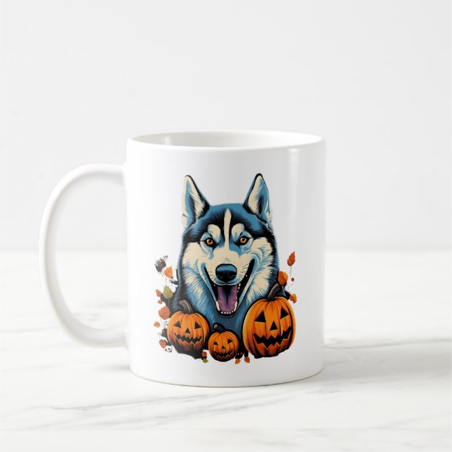 Pop Art Smilling Husky Hund mit Pumpkins Halloween Kaffeetasse (Links)