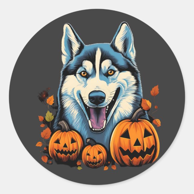 Pop Art Smilling Husky Hund mit Pumpkins Halloween Runder Aufkleber (Vorderseite)