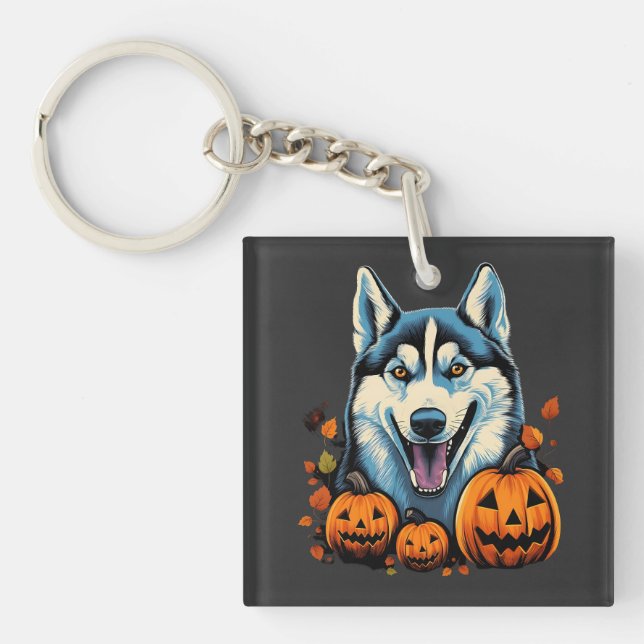 Pop Art Smilling Husky Hund mit Pumpkins Halloween Schlüsselanhänger (Vorderseite)