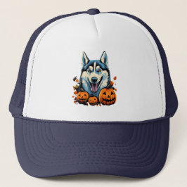 Pop Art Smilling Husky Hund mit Pumpkins Halloween Truckerkappe