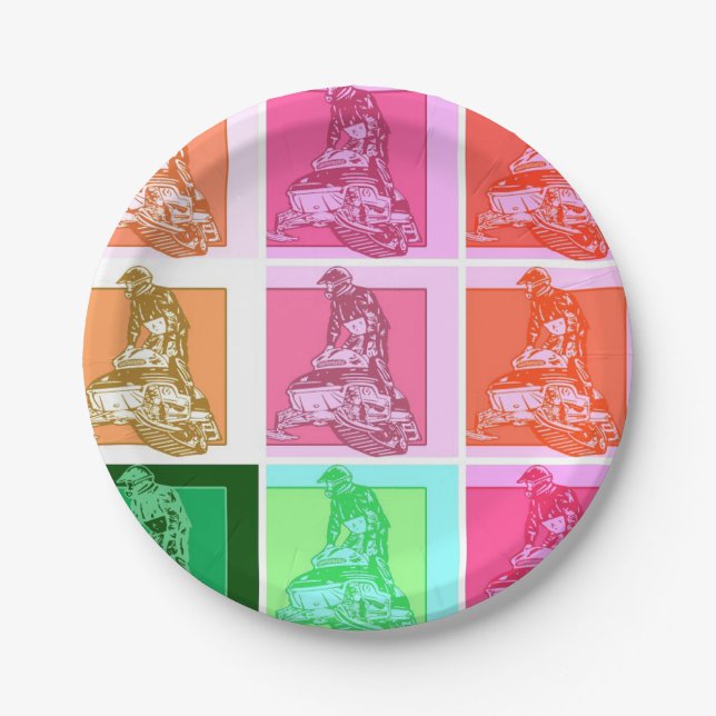 Pop Art Snowmobiler Pappteller (Vorderseite)