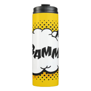 Pop-Art-Sprechblasenzeichnung mit Text. Cartoon-S Thermosbecher