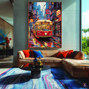 Pop-Art-Stadtstraßenbahn mit Neonreflexionen Leinwanddruck