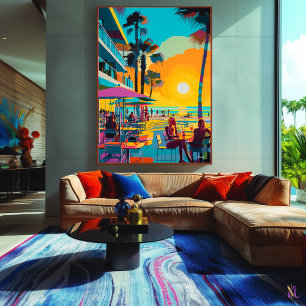 Pop-Art-Strandcafé bei Sonnenuntergang Leinwanddruck