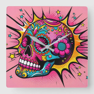Pop Art Sugar Skull Quadratische Wanduhr