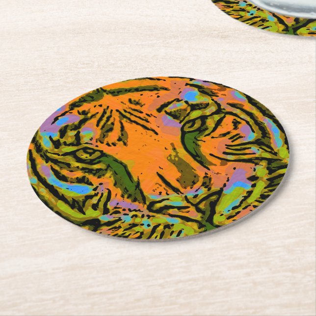 Pop Art TIGER HEAD + Ihr Backgr. Ideen Runder Pappuntersetzer (Angewinkelt)