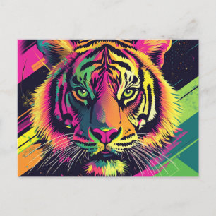 Pop Art Tiger Illustration mit Neon Colors Feiertagspostkarte