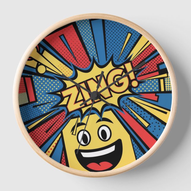 Pop Art Wall Clock - Fett Rot, Gelb und Blau Desig Uhr (Vorderseite)