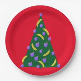 Pop Art Weihnachtsbaum mit Äpfeln & Bananen Rot Pappteller