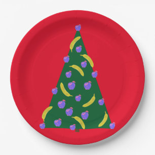 Pop Art Weihnachtsbaum mit Äpfeln & Bananen Rot Pappteller