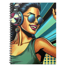 Pop Art Woman in Kopfhörern tanzen Notizblock