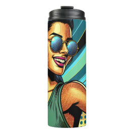 Pop Art Woman in Kopfhörern tanzen Thermosbecher
