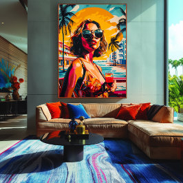 Pop Art Woman in Tropical Sunset Vibes Leinwanddruck