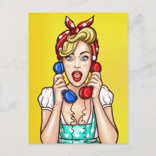 Pop Art Woman on Two Phones Postcard Postkarte