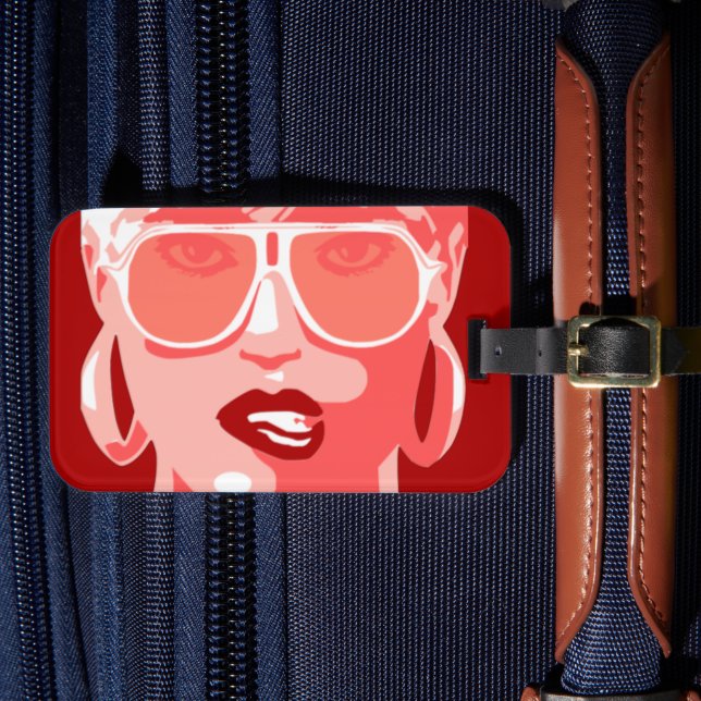 Pop Art Woman White Sunglasses Bitten der Roten Li Gepäckanhänger (Vorderseite Insitu 4)