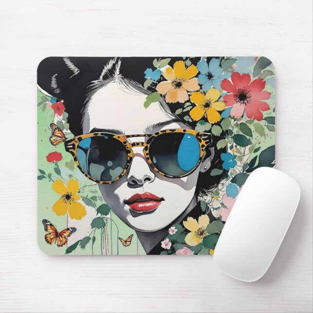Pop Art Woman's Face Floral mit Schmetterlingen Mousepad (Mit Mouse)
