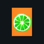 Pop Art Zitrusfrüchte Limone Früchte Original Aqua Leinwanddruck<br><div class="desc">Eine niedliche und farbenfrohe,  grüne Limone Fruchtscheibe aus einem Originalgemälde der Künstlerin Sacha Grossel. Dieses große Fruchtstück im Pop ist grün,  sehr hell und farbenfroh,  vor einem leicht orangefarbenen Hintergrund. Quirkisch und originell.</div>