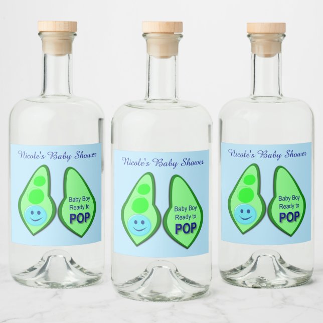 Pop Baby Boy Blue Pea Baby Dusche nach Maß Alkoholflaschenetikett (Flaschen)