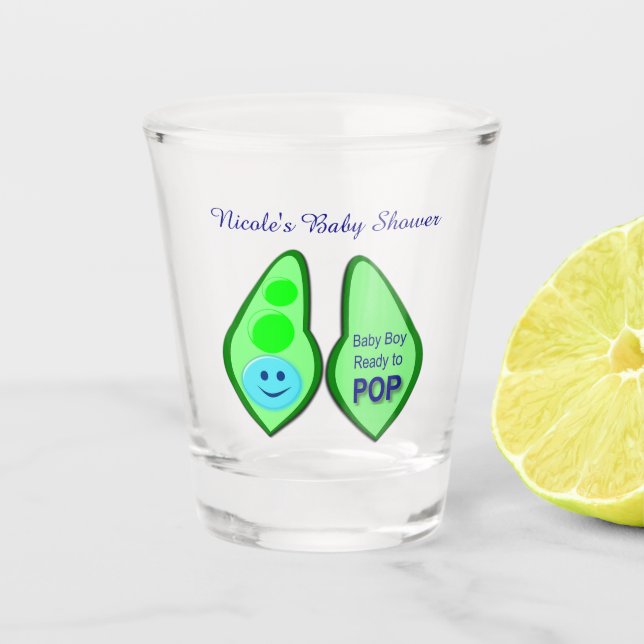 Pop Baby Boy Blue Pea Baby Dusche nach Maß Schnapsglas (Vorderseite)