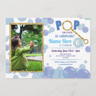 POP Bubble Birthday Blue Foto Glitzer Gold Einladung