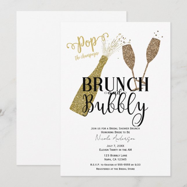 POP Champagne Brunch & Bubbly Brautparty Einladung (Vorne/Hinten)