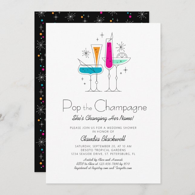 Pop Champagne Retro Bridal Dusche Einladung (Vorne/Hinten)