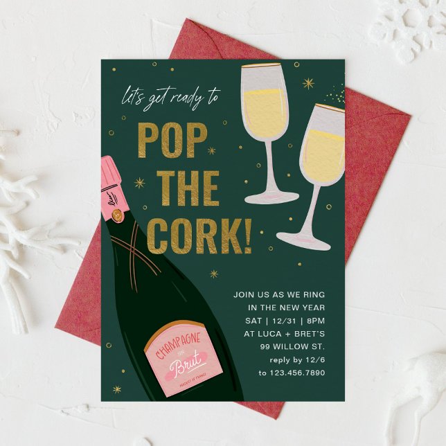 Pop Cork Champagne Brut Neujahr Einladung (Von Creator hochgeladen)