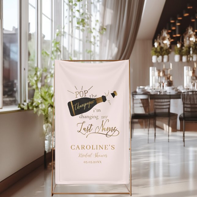 Pop der Champagner ich bin dabei meinen Nachnamen  Banner ("Pop the champagne, i´m changing my last name!" Pink, Bridal Shower Banner.)
