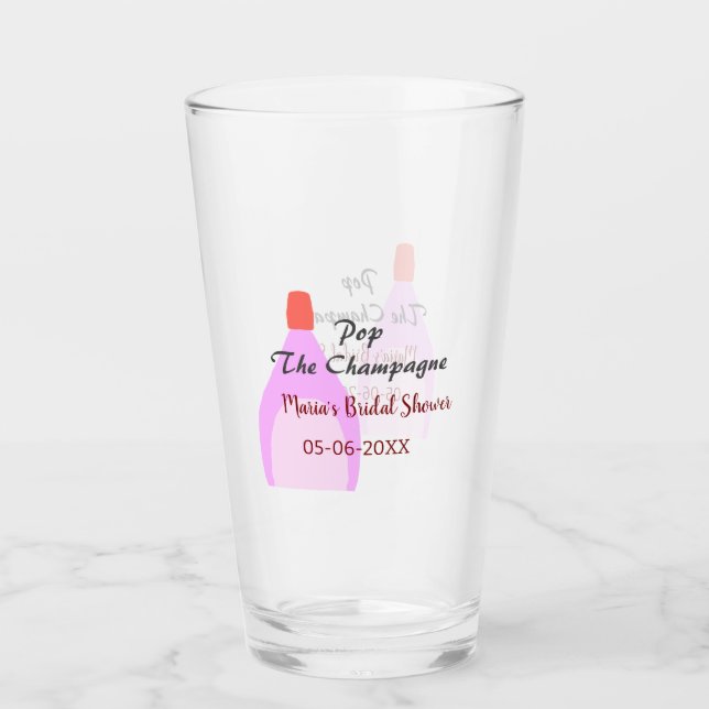 Pop des Champagner-Rosa Brautparty Name Datum hinz Glas (Vorderseite)