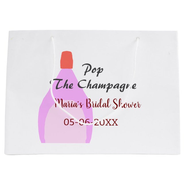 Pop des Champagner-Rosa Brautparty Name Datum hinz Große Geschenktüte (Vorderseite)