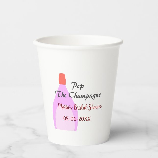 Pop des Champagner-Rosa Brautparty Name Datum hinz Pappbecher (Vorderseite)